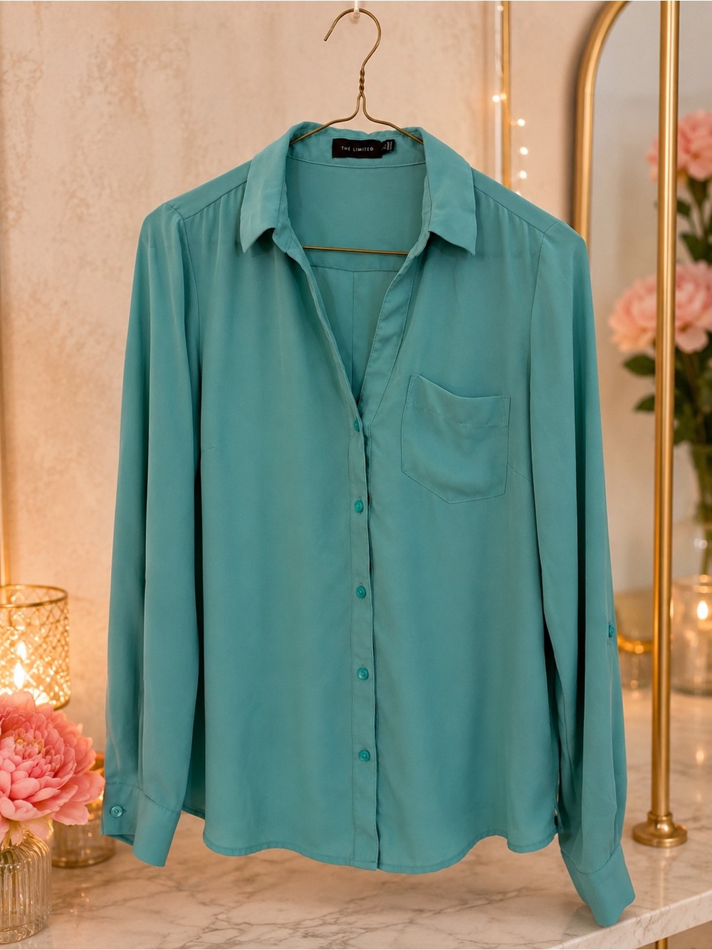 The Limited Ashton Teal Roll Tab Sleeve Button Down Blouse XS
